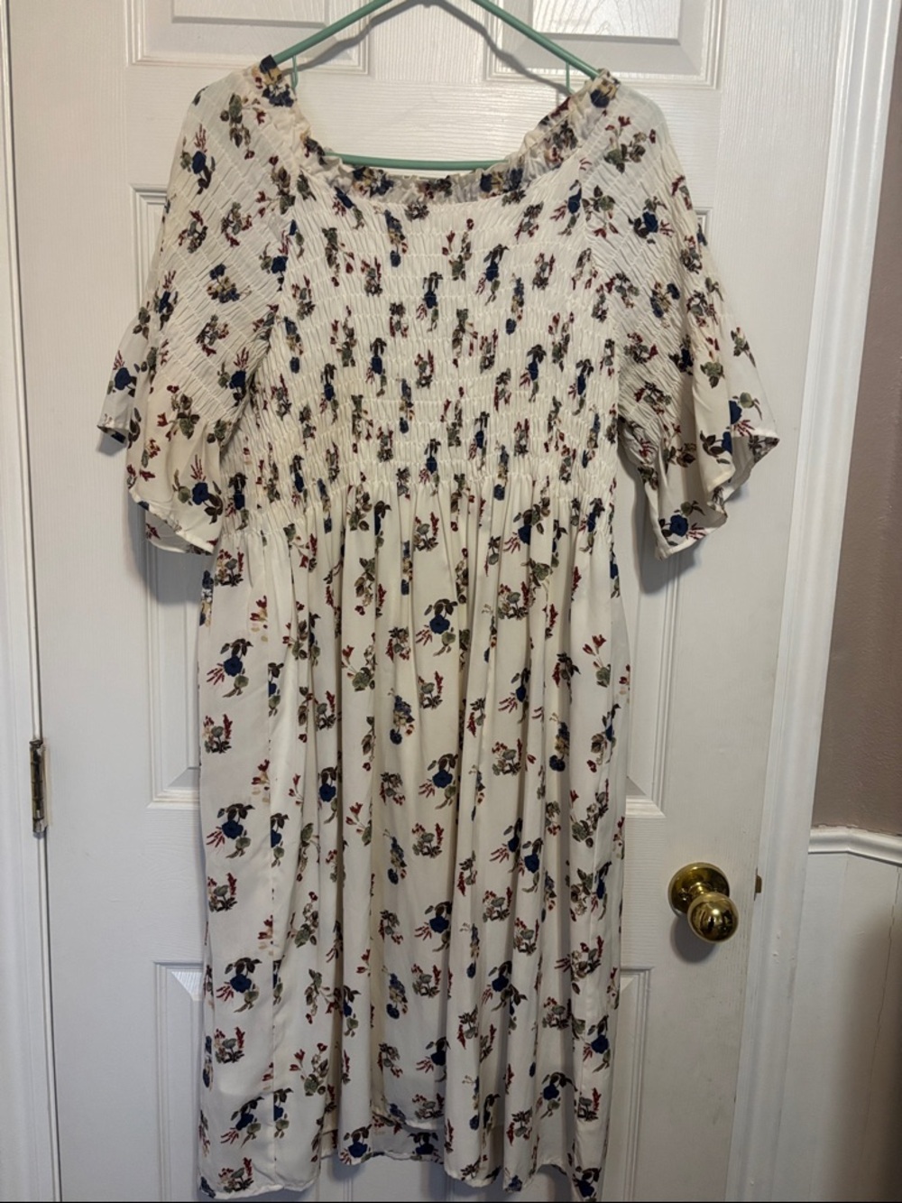 Roolee Cream Floral Smocked Dress with Blue and Green and burgundy Accents.
